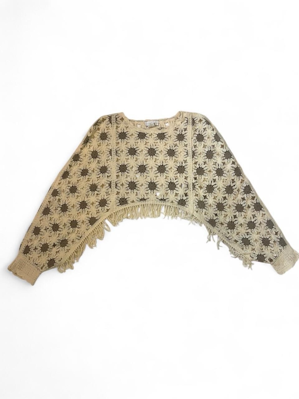 House of Harlow 1960 Crochet Floral Fringe Crop Shawl/Poncho - Cream